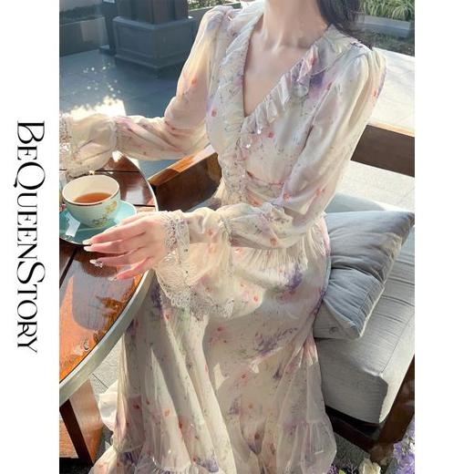 BeQueenStory【晴空鸢尾】重工印花炫彩钻烫银气质优雅复古连衣裙 商品图4