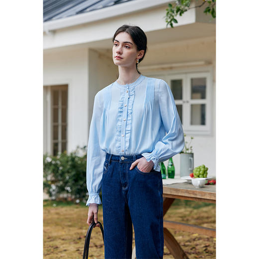 HeyDress法式花边醋酸衬衫女春季复古宽松立领宫廷风浪漫气质上衣 商品图0