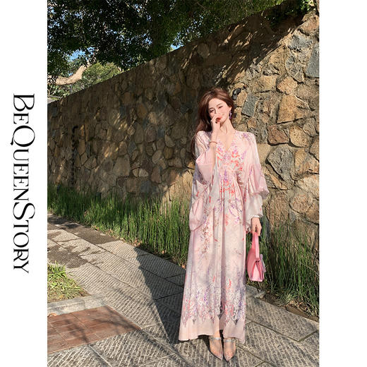 【孤品样衣，不退不换】【花海绘梦】法式浪漫印花桑蚕丝双绉夏日田园烫钻复古连衣裙 商品图3