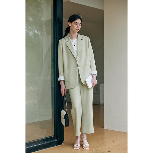 HeyDress豆绿色休闲裤女春季双层高腰显瘦西装裤百搭通勤九分裤子 商品图1