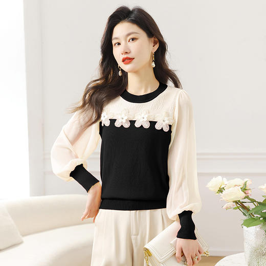 春款长袖T恤内搭圆领打底衫，洋气百搭雪纺拼接针织上衣CC-MY3531 商品图3