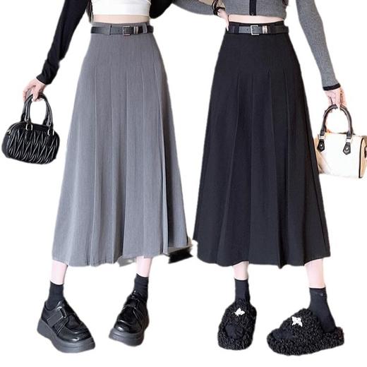 送腰带【学院风百褶裙】春季新款黑色中长款半身裙 高腰显瘦A字西装半身裙子 商品图2