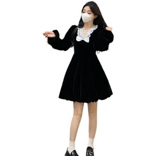 春夏新款【在逃公主复古丝绒小黑裙】大码胖mm显瘦 小个子减龄 蝴蝶结连衣裙 商品图4