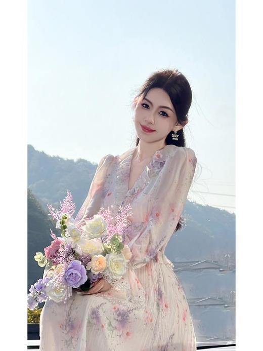 BeQueenStory【晴空鸢尾】重工印花炫彩钻烫银气质优雅复古连衣裙 商品图7