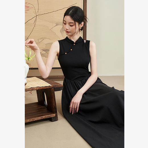 西遇新中式连衣裙女新款黑色镂空拼接国潮改良小黑裙11531698 商品图3