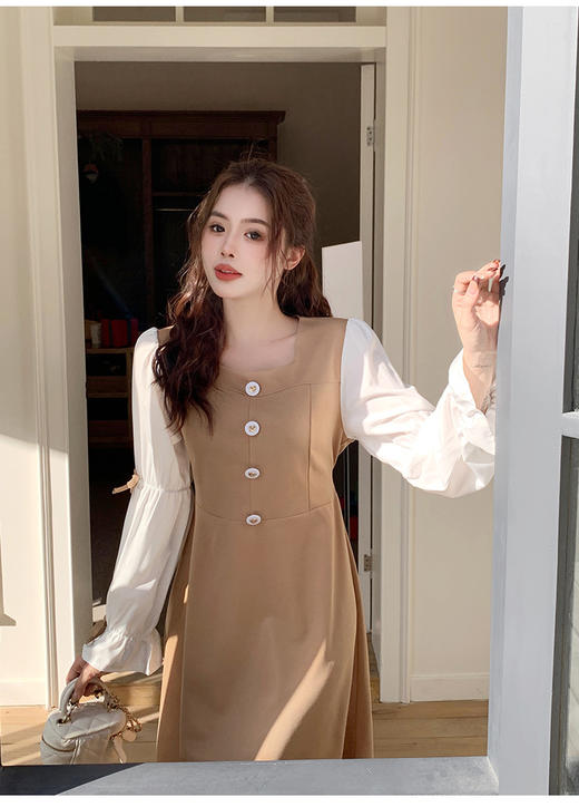 春季新款【复古方领淑女连衣裙】大码女装袖口蝴蝶结 茶歇法式风 显瘦连衣裙 商品图5