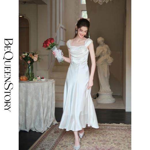 BeQueenStory【白玉水仙】设计感光泽飘逸优雅法式醋酸钉珠连衣裙 商品图0