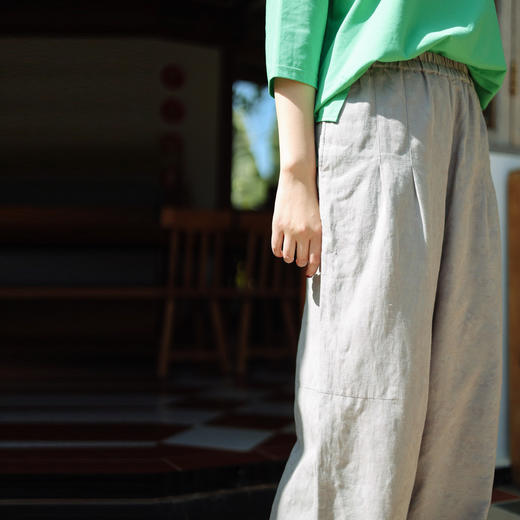 绽放132朵/浅灰色棉麻提花松紧腰阔腿裤2024春季新款洒脱休闲长裤 商品图2
