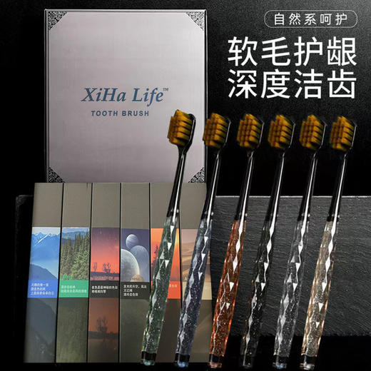 「自然系呵护 礼盒装」轻奢细丝软毛牙刷 居家日用成人家庭旅行装彩晶手柄情侣口腔护理牙刷 商品图0