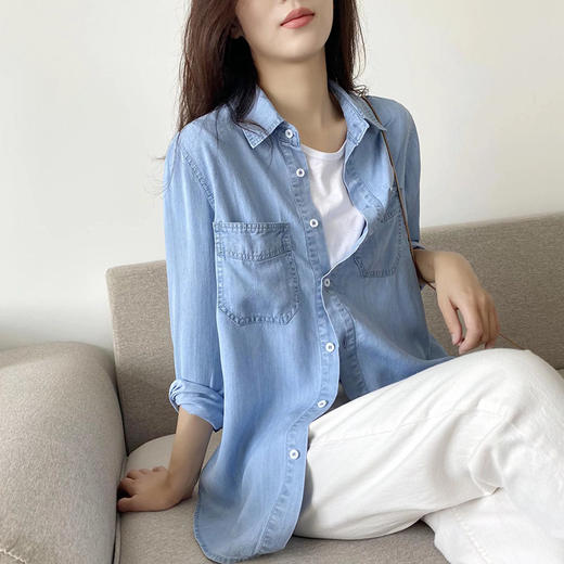 MOMMY KIKO 2024春款天丝莱赛尔蓝色薄款牛仔衬衫复古气质上衣-N2114 商品图0