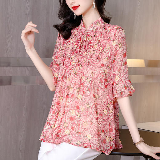 漂亮雪纺衫碎花中袖a字裙摆遮肚减龄漂亮小衫KQL-A51N3337 商品图2