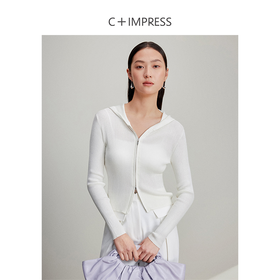 西嘉C+IMPRESS/西嘉45支14针羊毛连帽针织上衣女修身双头拉链开衫外套MY2401108