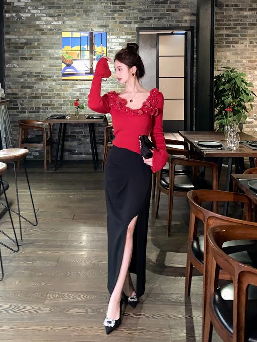 余潇潇【微醺探戈】灵动优美捏褶设计性感侧开衩醋酸H型气质半身裙 商品图6