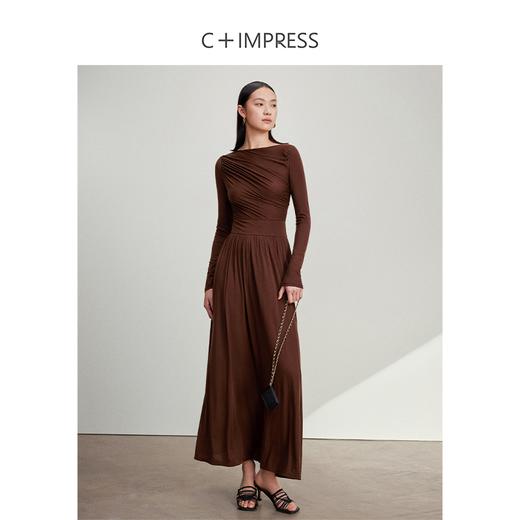 西嘉C+IMPRESS/西嘉抽褶长袖针织连衣裙女士显瘦纸片人天丝一字领LYQ2401081 商品图0