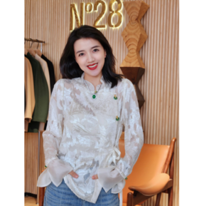 【破价】"烧花衬衫"喇叭袖新中式衬衫别致设计修身长袖上衣9A11S004