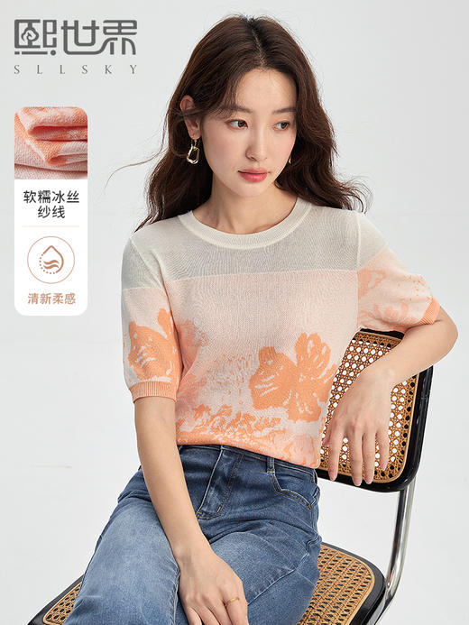 【专属特价】熙世界薄款冰丝针织衫T恤女短袖2025夏新款温柔甜美风提花上衣 商品图0