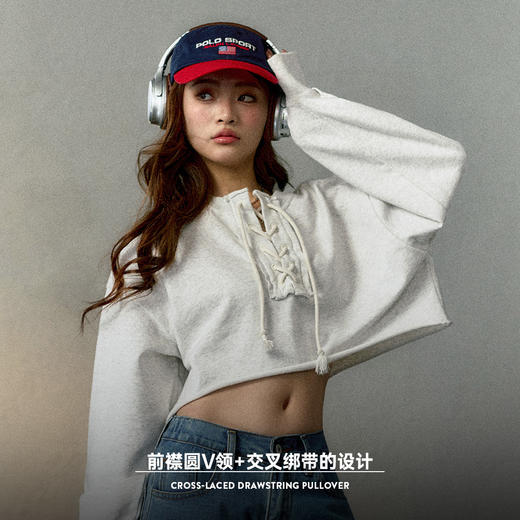 马登高腰短款卫衣春秋抽绳V领休闲宽松长袖甜酷上衣设计感小众女 商品图2