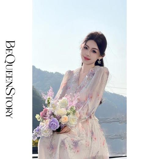 BeQueenStory【晴空鸢尾】重工印花炫彩钻烫银气质优雅复古连衣裙 商品图2