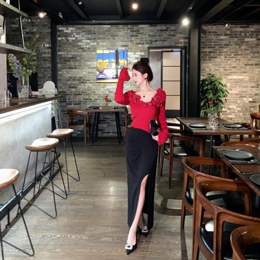 余潇潇【微醺探戈】灵动优美捏褶设计性感侧开衩醋酸H型气质半身裙 商品图2