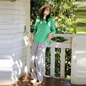 绽放132朵/浅灰色棉麻提花松紧腰阔腿裤2024春季新款洒脱休闲长裤