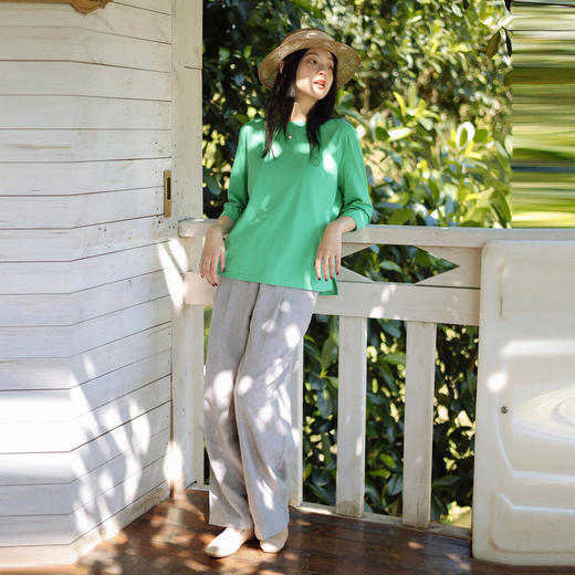 绽放132朵/浅灰色棉麻提花松紧腰阔腿裤2024春季新款洒脱休闲长裤 商品图0