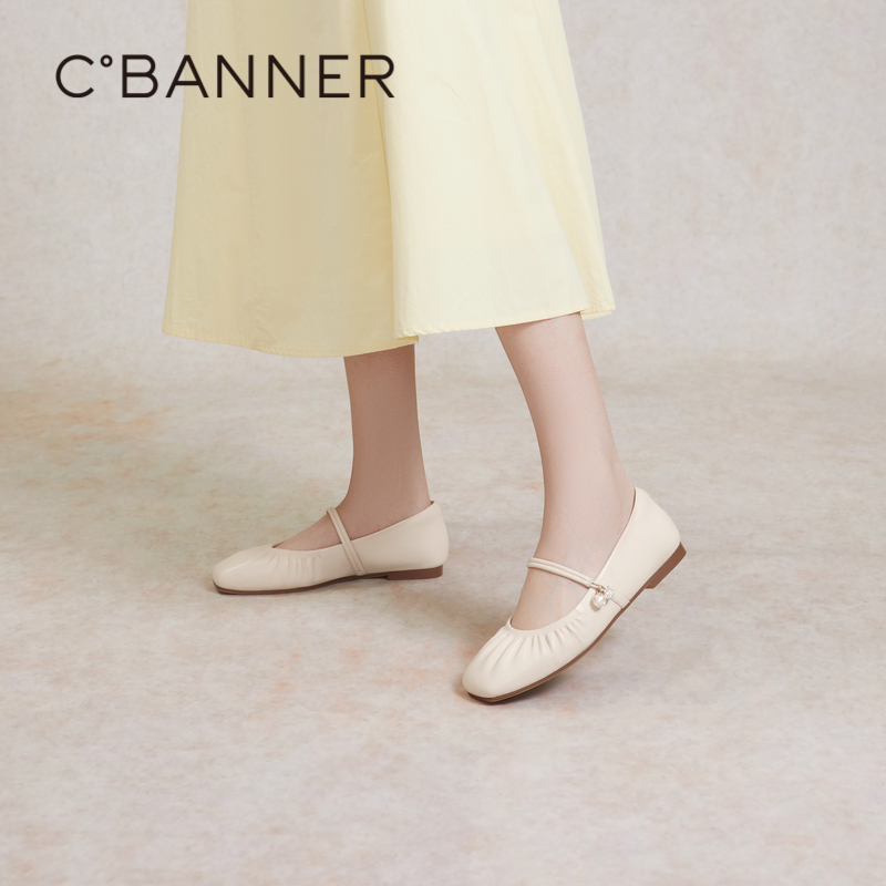 千百度平底鞋玛丽珍单鞋女春季羊皮小香风芭蕾舞鞋晚晚鞋A24179814