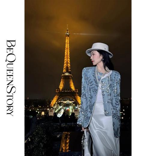 BeQueenStory【暗香浮动】新中式重工珠片绣斜门襟提花水洗牛仔外套 商品图0