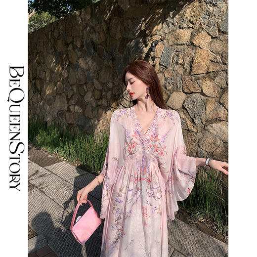 【孤品样衣，不退不换】【花海绘梦】法式浪漫印花桑蚕丝双绉夏日田园烫钻复古连衣裙 商品图2