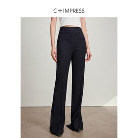 西嘉C+IMPRESS/西嘉醋酸黑色微喇叭裤女高腰显瘦及地开衩2024新款神裤KZ2401043