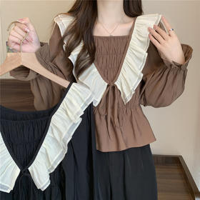 春夏新款【法式方领 荷叶边长袖打底衫】胖MM显瘦泡泡袖减龄上衣 大码遮肚子衬衫