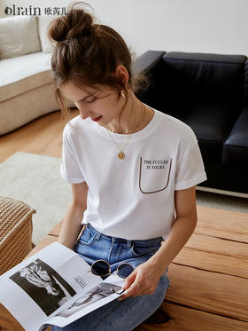 欧芮儿白色短袖t恤女夏季2022年新款宽松时尚印花落肩袖休闲上衣