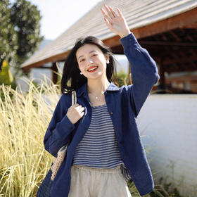 * 绽放109朵/高端盐缩酵素洗亚麻士林色织染色古铜花朵扣长袖衬衫