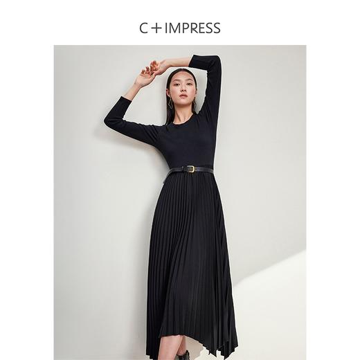 西嘉C+IMPRESS/西嘉桑蚕丝莫代尔长袖连衣裙女拼接小众设计开衩百褶裙LYQ2401092 商品图1