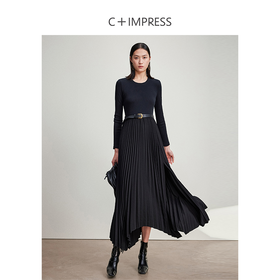 西嘉C+IMPRESS/西嘉桑蚕丝莫代尔长袖连衣裙女拼接小众设计开衩百褶裙LYQ2401092