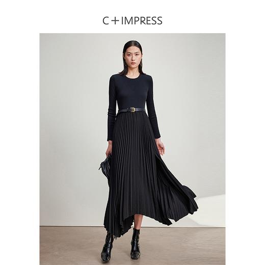 西嘉C+IMPRESS/西嘉桑蚕丝莫代尔长袖连衣裙女拼接小众设计开衩百褶裙LYQ2401092 商品图0
