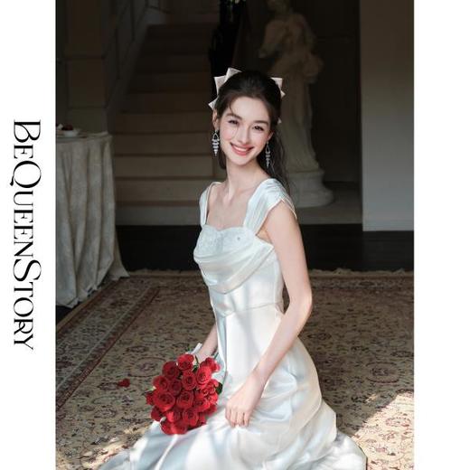 BeQueenStory【白玉水仙】设计感光泽飘逸优雅法式醋酸钉珠连衣裙 商品图4