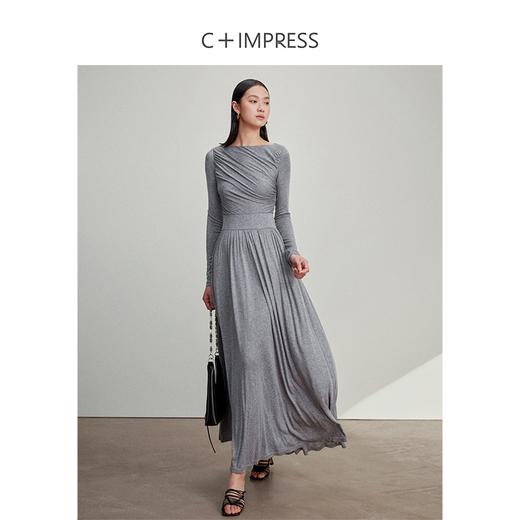 西嘉C+IMPRESS/西嘉抽褶长袖针织连衣裙女士显瘦纸片人天丝一字领LYQ2401081 商品图1