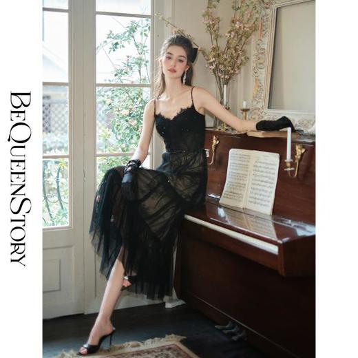 【孤品样衣，不退不换】【黑天鹅晚宴】法式蕾丝网纱钉珠压褶气质吊带连衣裙 商品图3