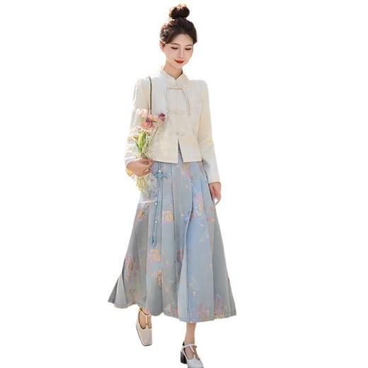2024春新款时尚中式盘扣短外套印花压皱半身裙两件套套装XPHG98【预售7天】 商品图5