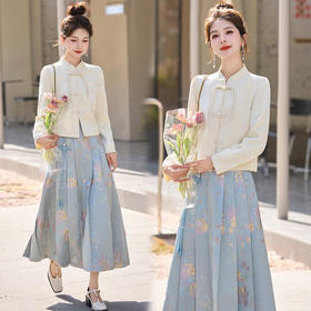 2024春新款时尚中式盘扣短外套印花压皱半身裙两件套套装XPHG98【预售7天】