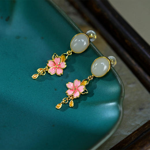 S925纯银镶和田烟紫玉珐琅彩粉色花朵耳饰耳钉HBL 商品图1