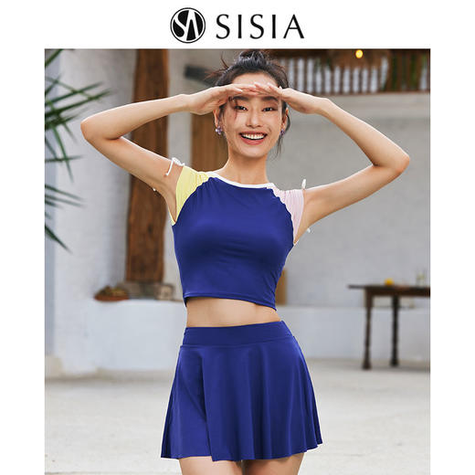 sisia2024新款泳衣女撞色性感显瘦裙式温泉高级感高腰分体泳衣 商品图0