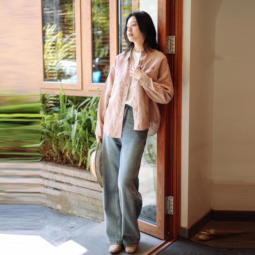 * 绽放109朵/高端盐缩酵素洗亚麻士林色织染色古铜花朵扣长袖衬衫 商品图1