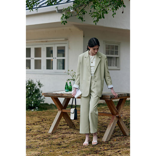 HeyDress豆绿色休闲裤女春季双层高腰显瘦西装裤百搭通勤九分裤子 商品图2