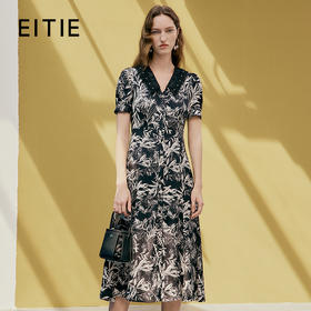 EITIE爱特爱夏款新品V领显瘦高腰舒适印花复古裙摆开叉连衣裙7407119