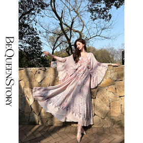 【孤品样衣，不退不换】【花海绘梦】法式浪漫印花桑蚕丝双绉夏日田园烫钻复古连衣裙