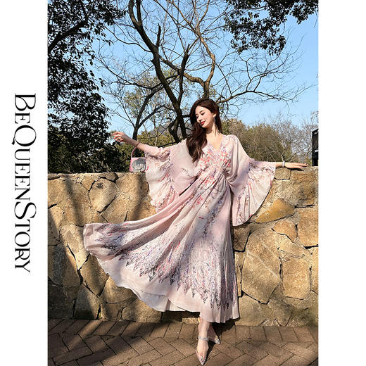 【孤品样衣，不退不换】【花海绘梦】法式浪漫印花桑蚕丝双绉夏日田园烫钻复古连衣裙 商品图0