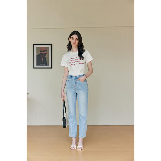 HeyDress植物印花短袖t恤女夏季圆领宽松休闲感半袖白色百搭上衣 商品图1