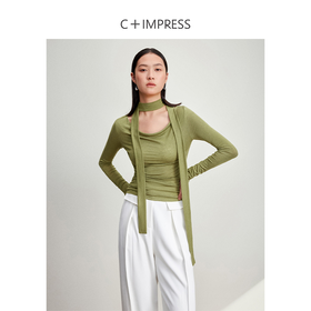 西嘉C+IMPRESS/西嘉兰精天丝飘带长袖T恤挂脖松弛感荡领气质上衣T2401067