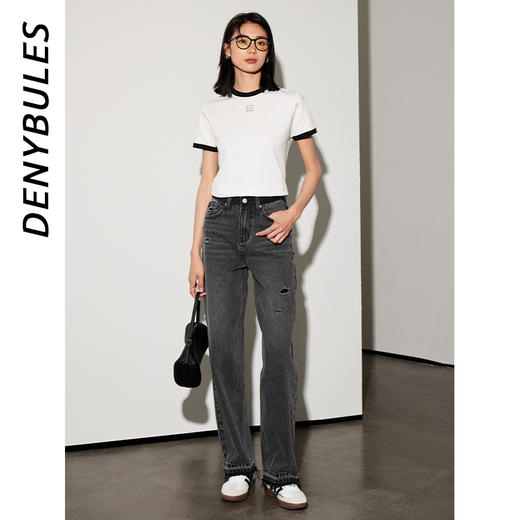 【好看好看】DENYBULES 夏季拼色直筒散边天丝阔腿裤休闲宽松显瘦复古撞色DB6108 商品图3